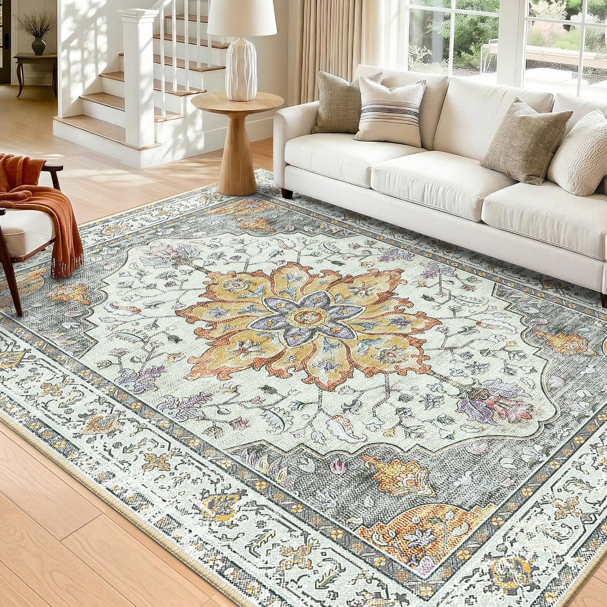 RELEANY vintage medallion rug Beige / Carbon Gray / Orange primary color image