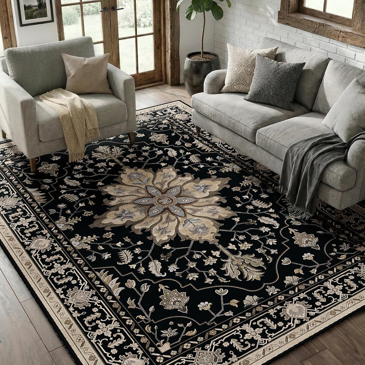 RELEANY vintage medallion rug Black / Neutral primary color image