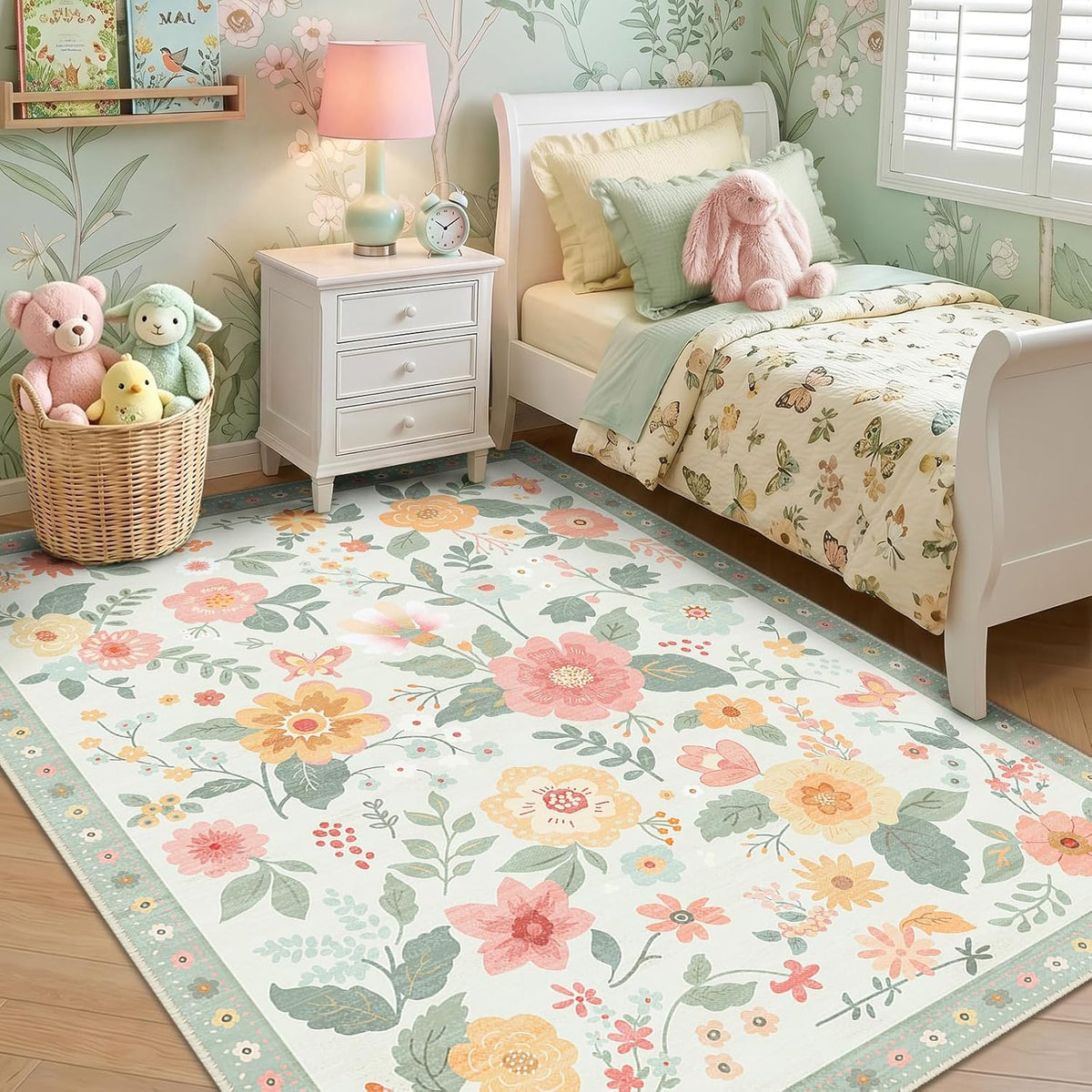 RELEANY Floral Washable Area Rug — Beige/Green — exact Amazon 5×7 image, ASIN B0H2YNCCQM