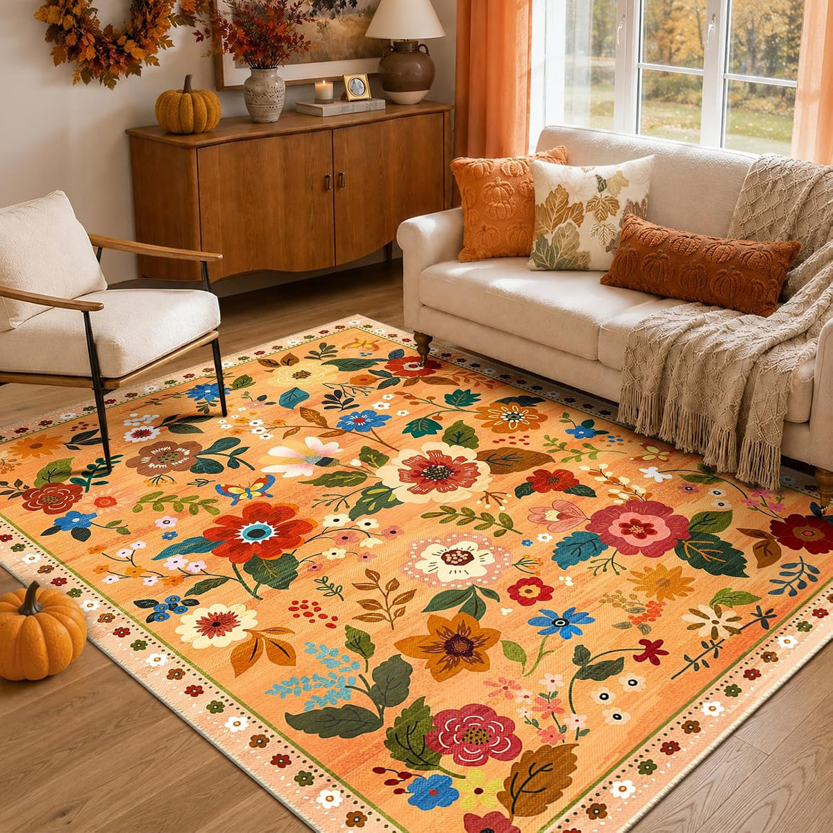 RELEANY Floral Washable Area Rug — Orange/Yellow/Red — verified room installation primary