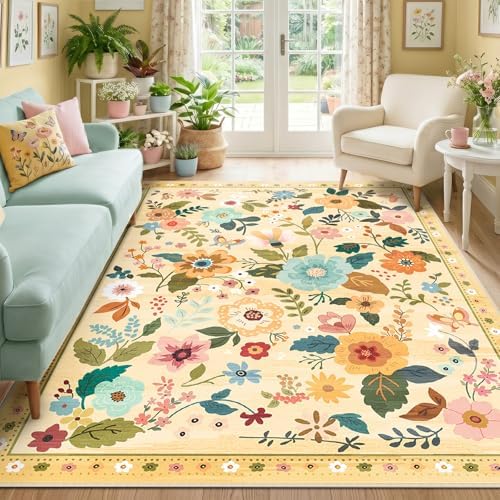 RELEANY Floral Washable Area Rug — Yellow/Orange/Blue — verified room installation primary