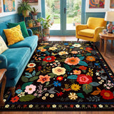 RELEANY Floral Washable Area Rug — Black — Black floral rug, product overview