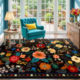 RELEANY Floral Washable Area Rug — Black — Black floral rug, supplier product photo