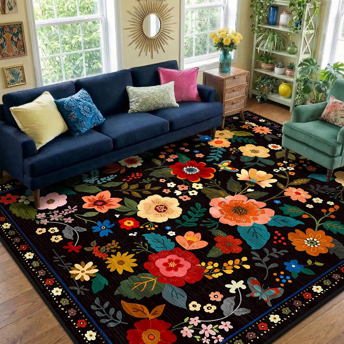 RELEANY Floral Washable Area Rug — Black — Black floral rug in a furnished-room setting