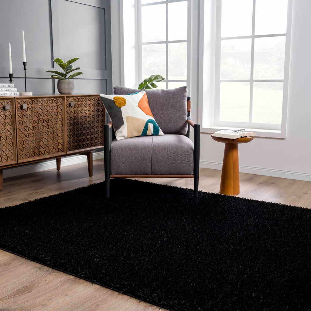 Faina Solid Black Shag Washable Area Rug - Clearance