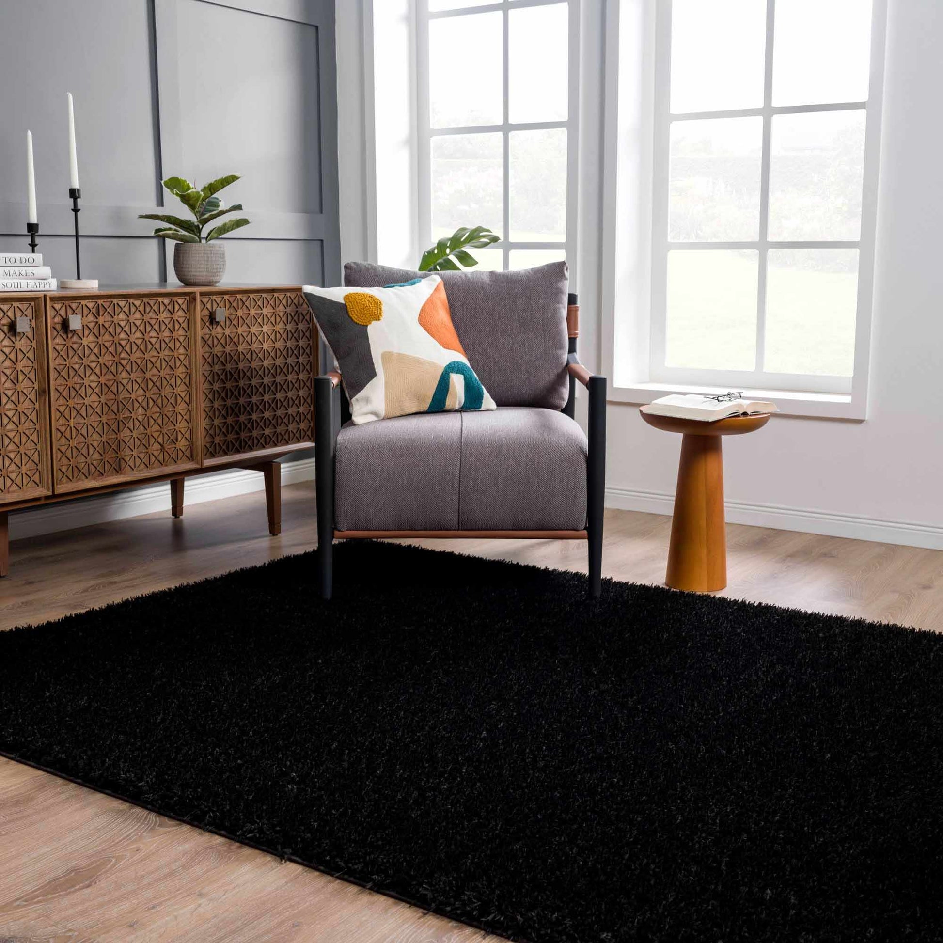 Faina Solid Black Shag Washable Area Rug - Clearance