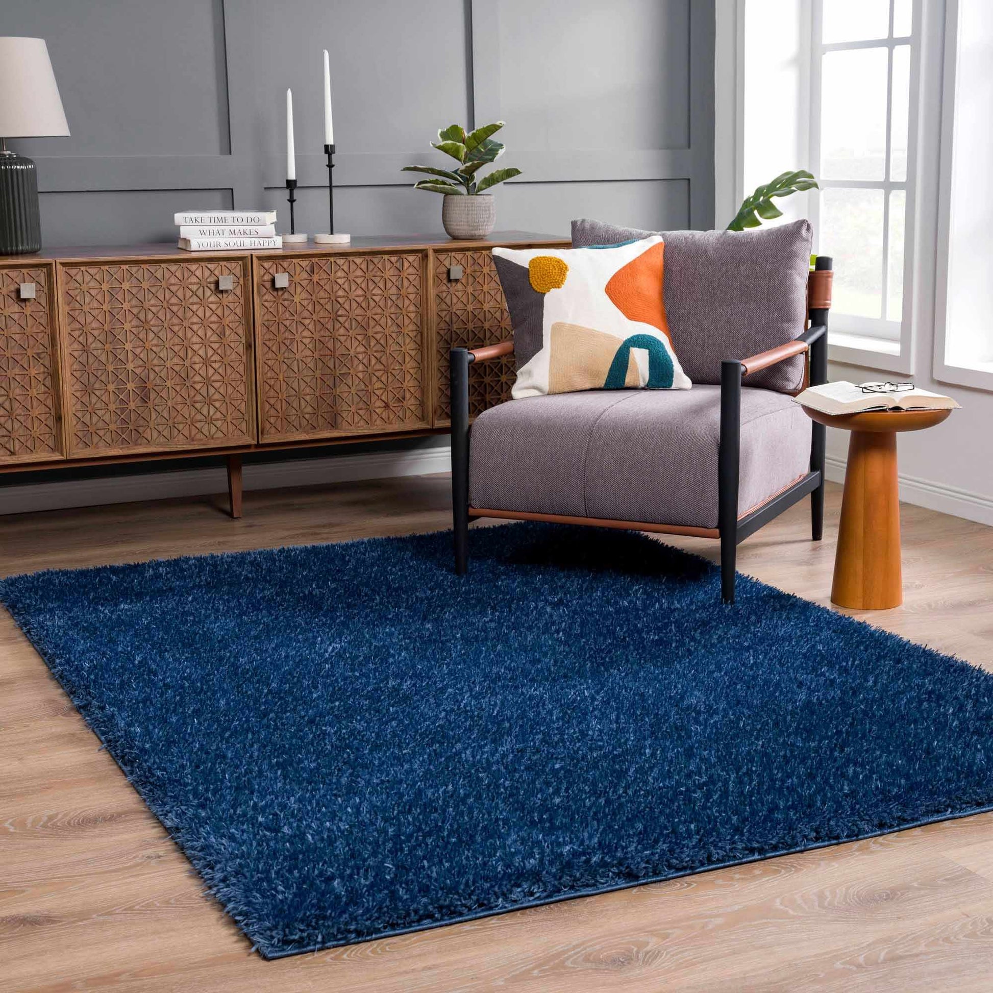 Faina Solid Dark Blue Shag Washable Area Rug - Clearance
