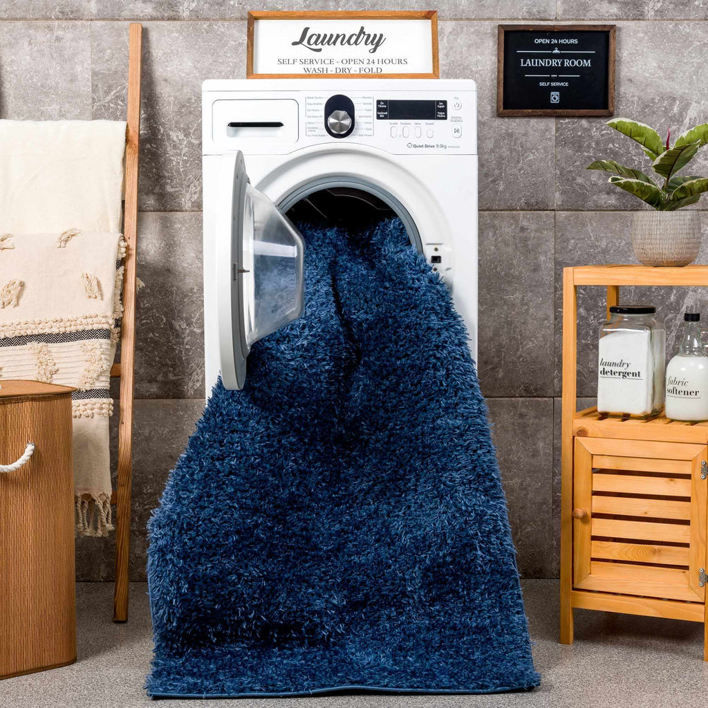 Faina Solid Dark Blue Shag Washable Area Rug - Clearance