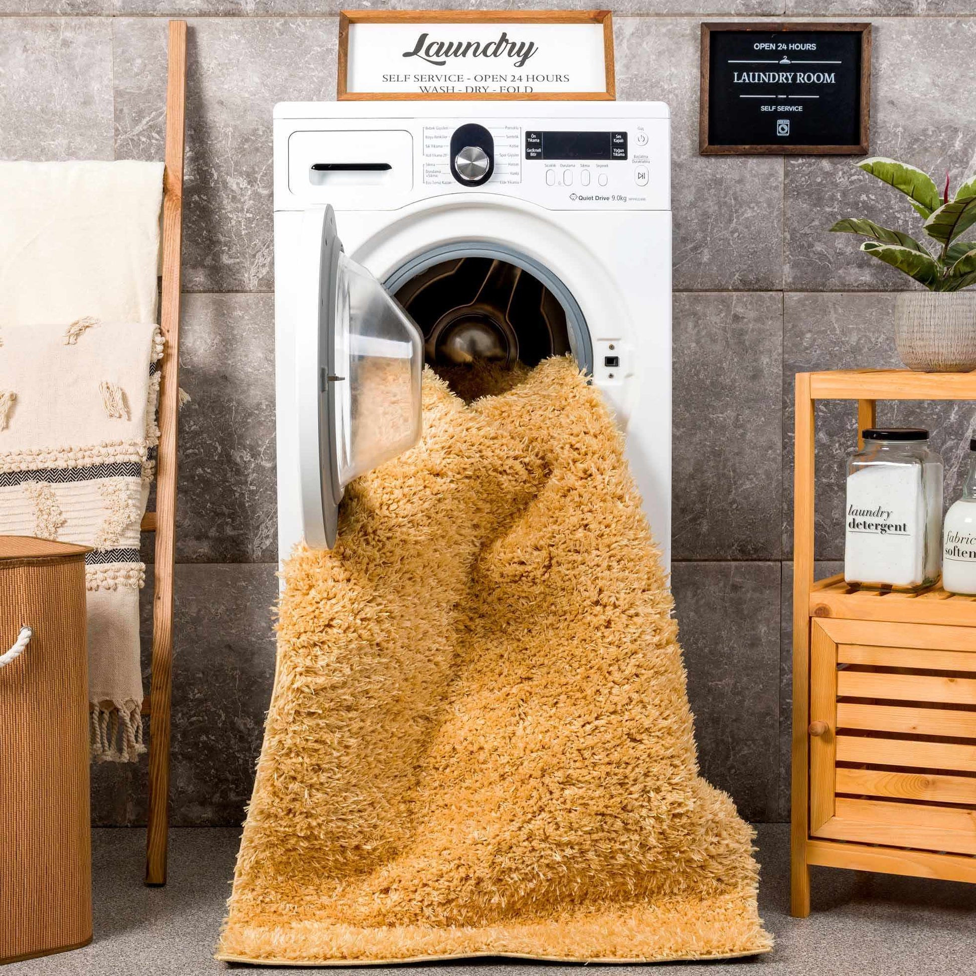 Faina Solid Gold Shag Washable Area Rug - Clearance