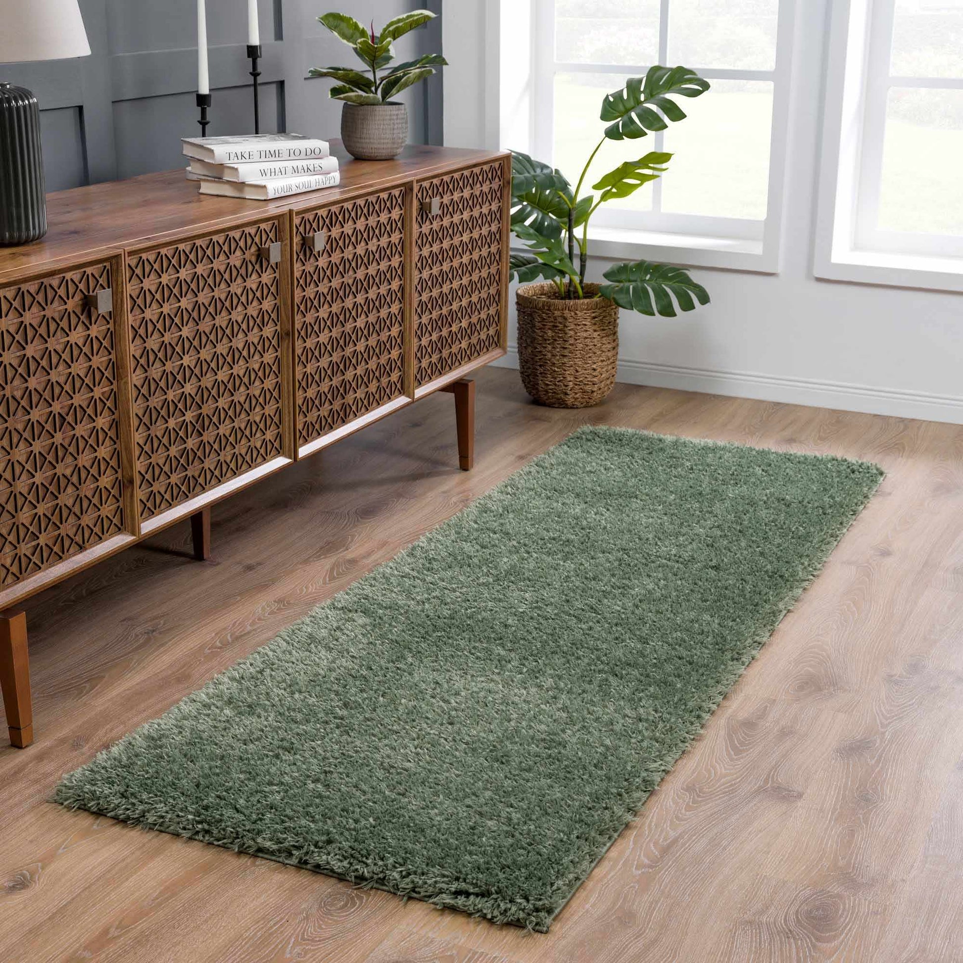 Faina Solid Green Shag Washable Area Rug - Clearance