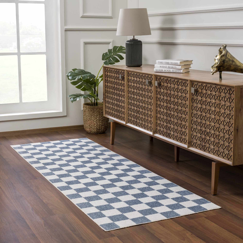 Brone Blue Checkered Washable Rug