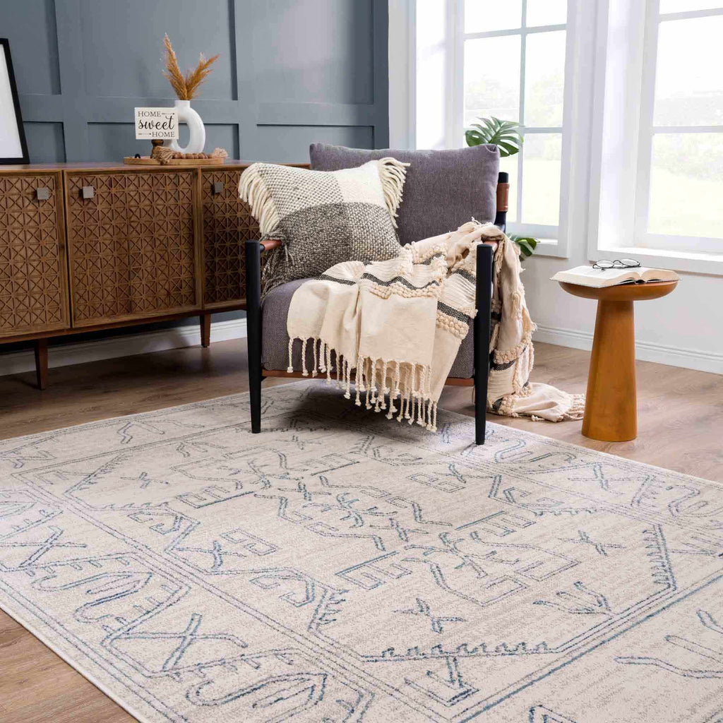 Divya Cream & Silver Blue Area Rug - Clearance
