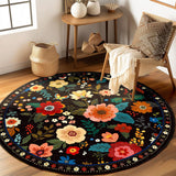 RELEANY Floral Washable Area Rug — Black — 6-foot round rug — ASIN B0D8VXVTXK
