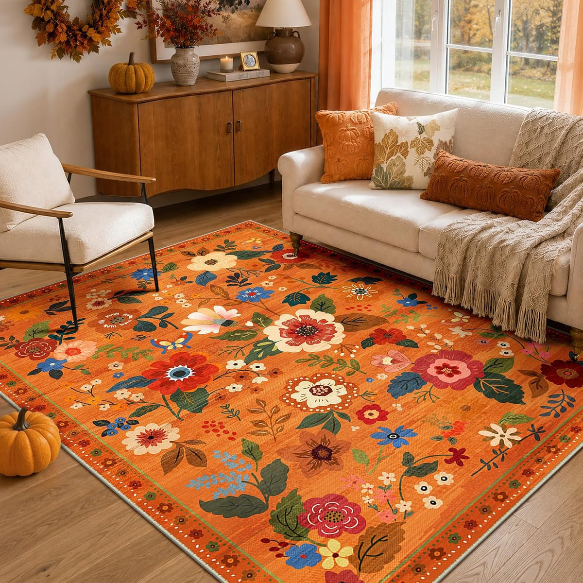 RELEANY Floral Washable Area Rug — Burnt Orange — exact Amazon 5×7 image, ASIN B0GF7LXFTN
