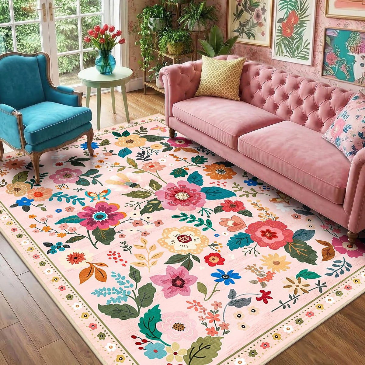 RELEANY Floral Washable Area Rug — Pink — verified room installation primary