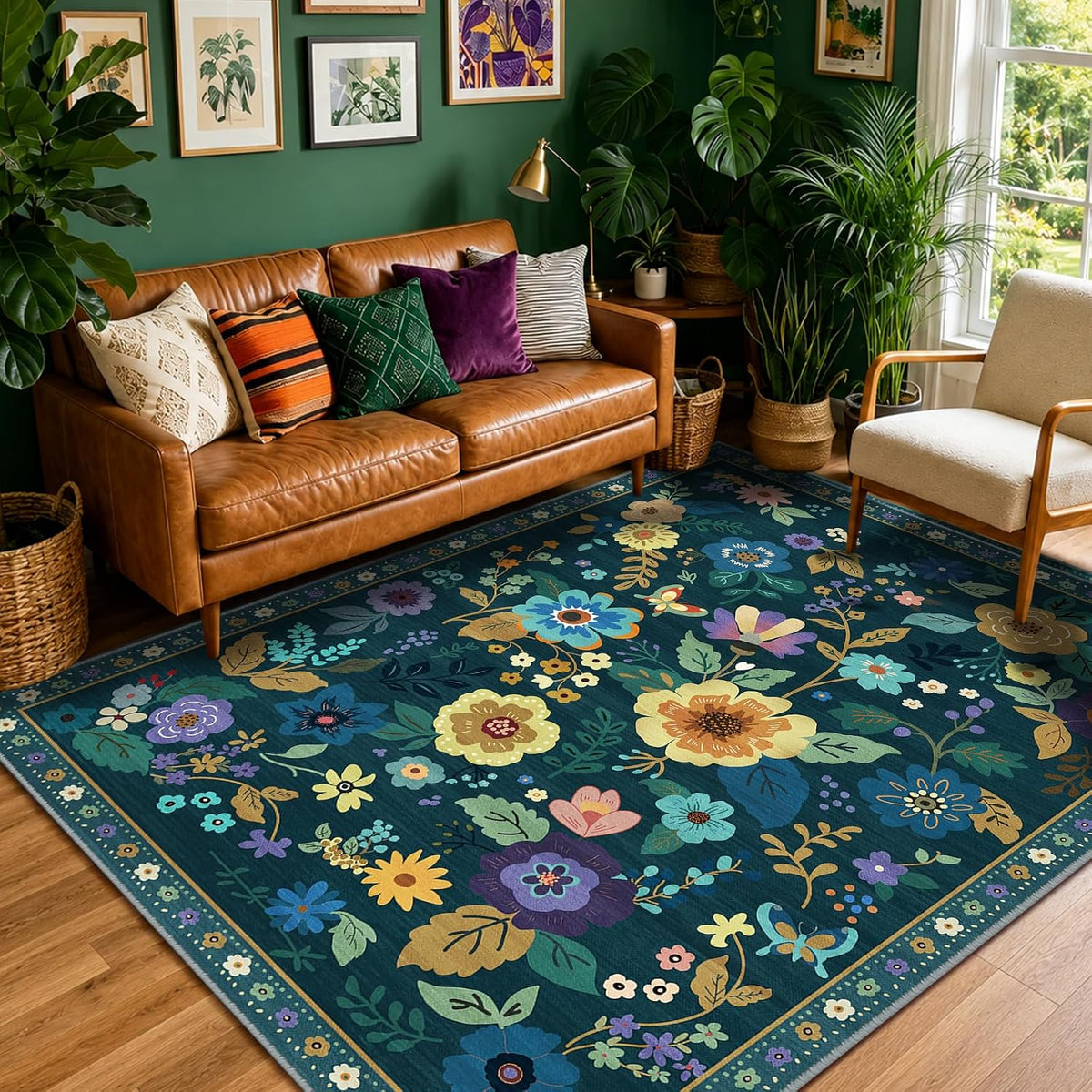 RELEANY Floral Washable Area Rug — Teal/Purple — exact Amazon 5×7 image, ASIN B0H2YVF8S9