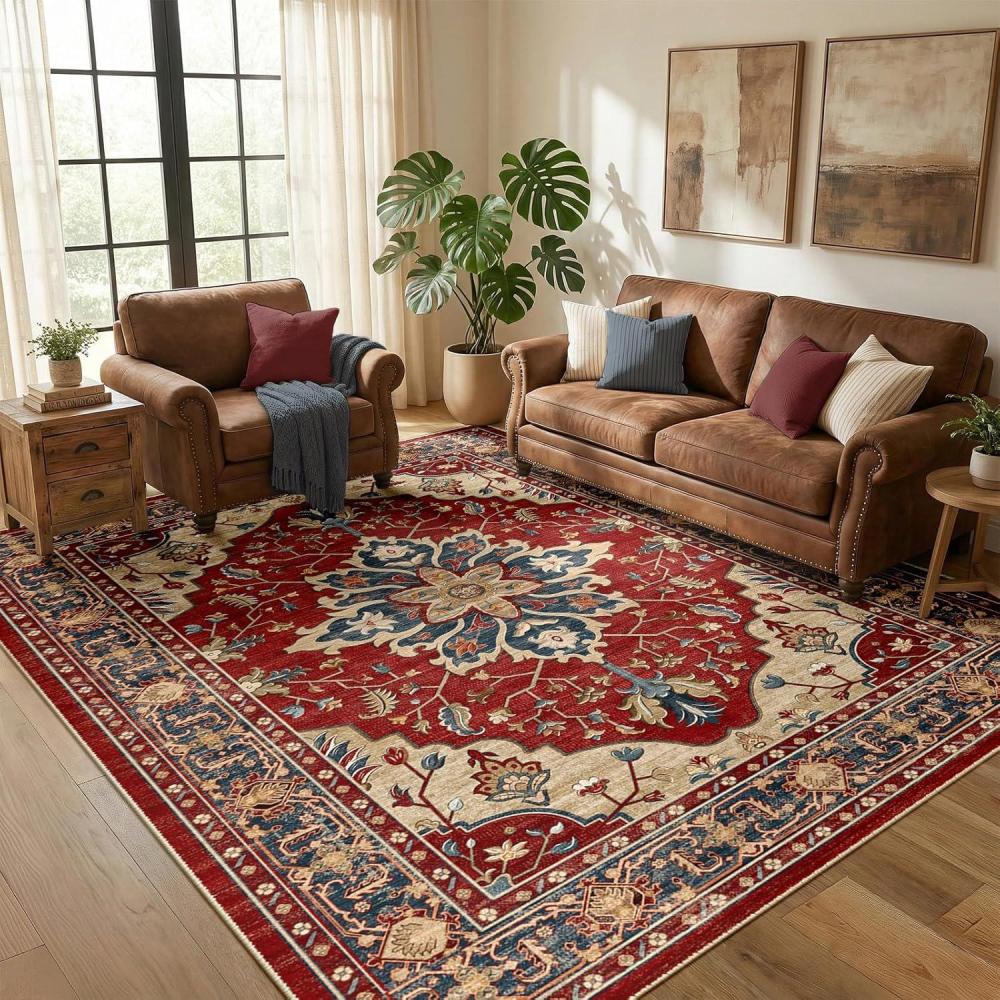 RELEANY Vintage Medallion Washable Rug – Red / Blue