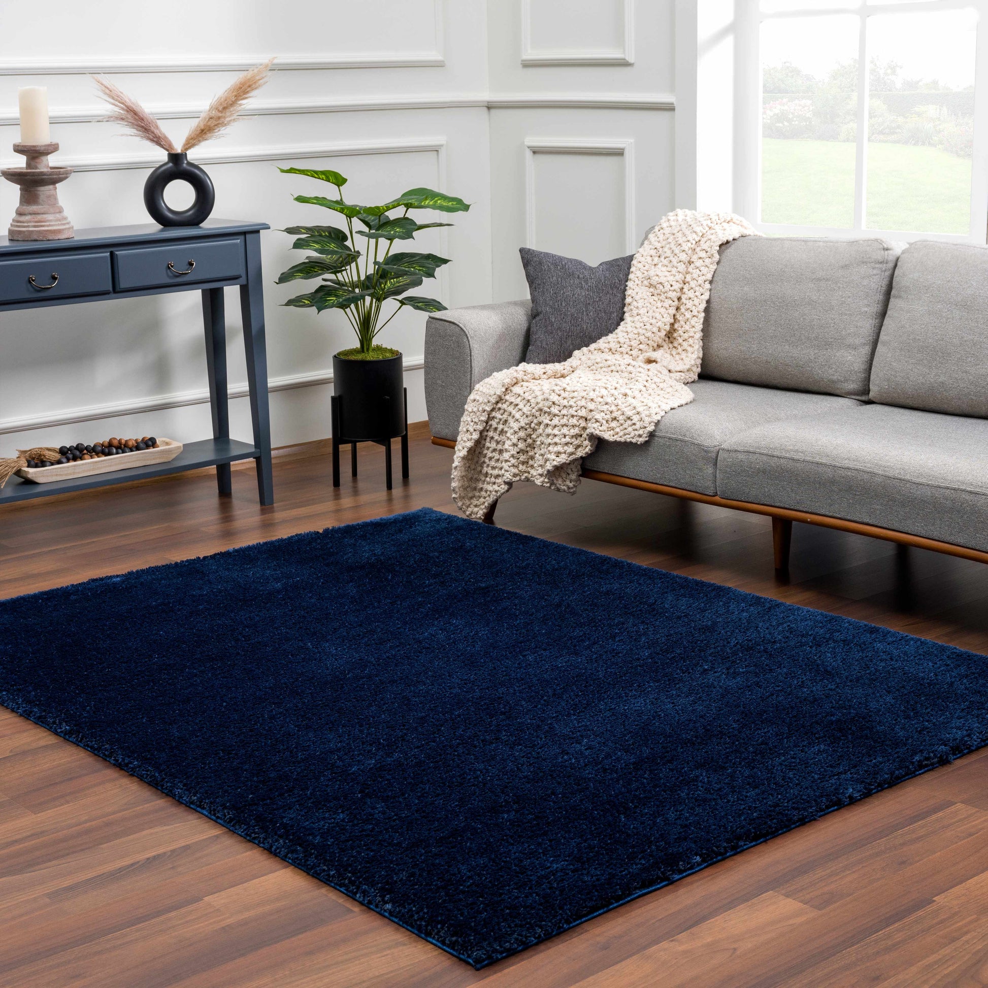 Navero Dark Blue Subtle Wavy Abstract Modern Minimalist Polyester Machine Woven Area Rug - Clearance