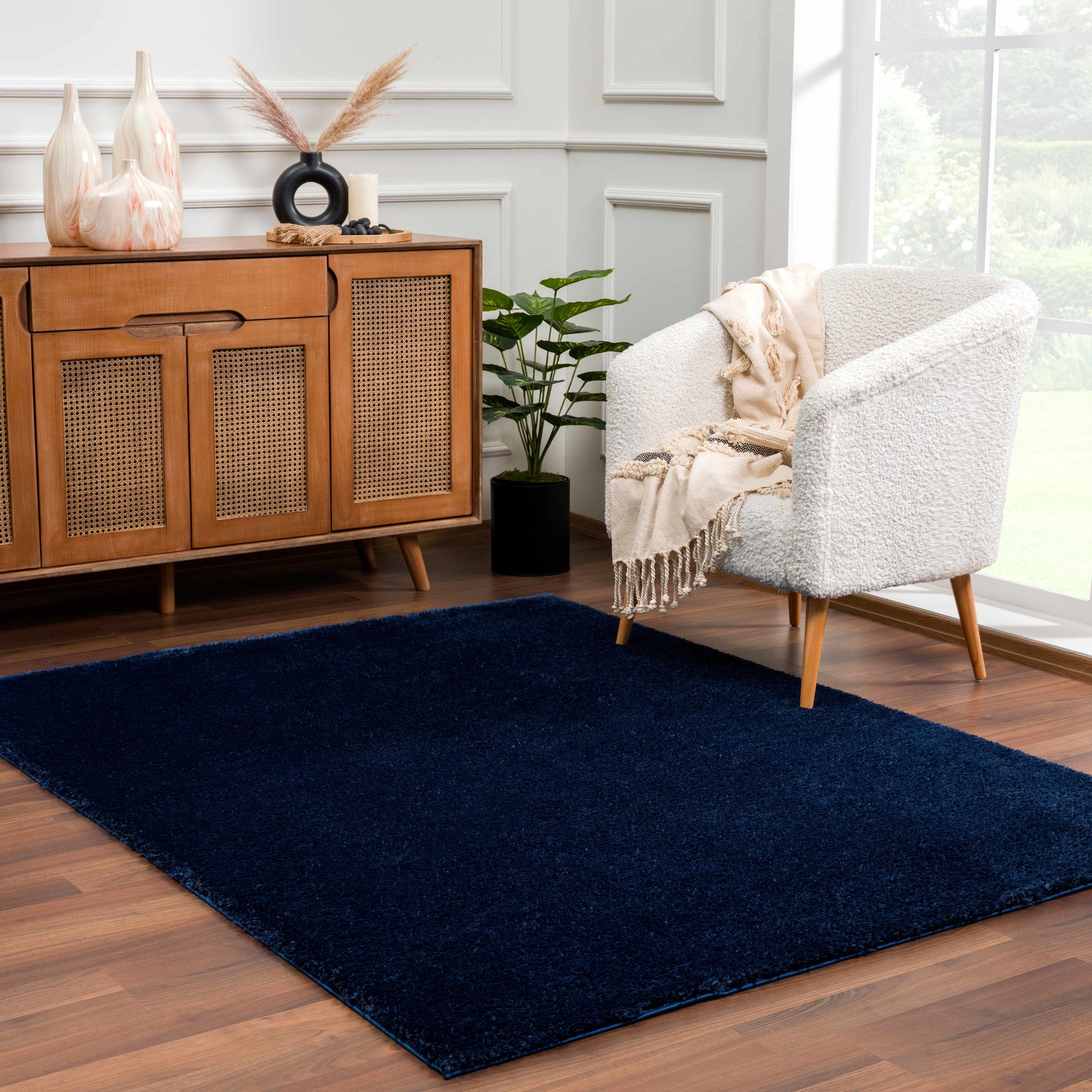 Navero Dark Blue Subtle Wavy Abstract Modern Minimalist Polyester Machine Woven Area Rug - Clearance