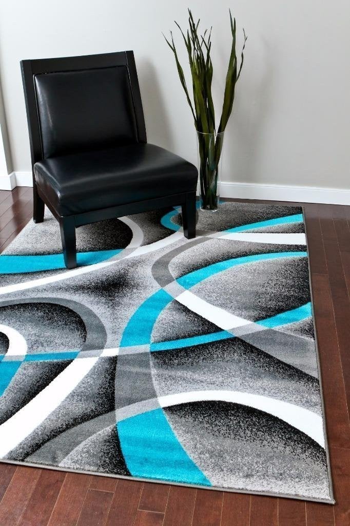 Gray Turquoise Swirl Abstract Contemporary Modern Rugs