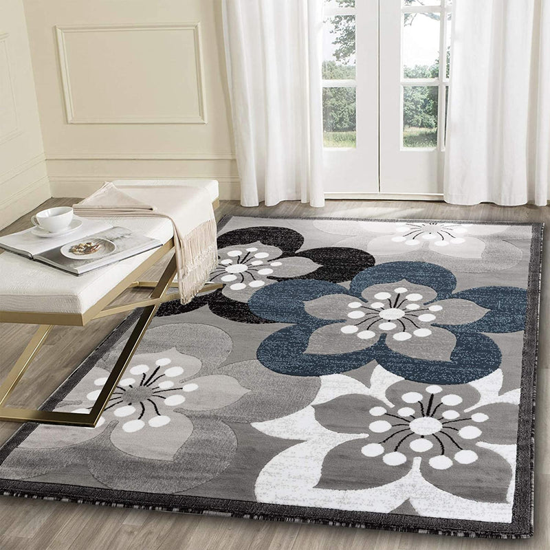 Ruby Navy Blue Gray Floral Contemporary Area Rugs