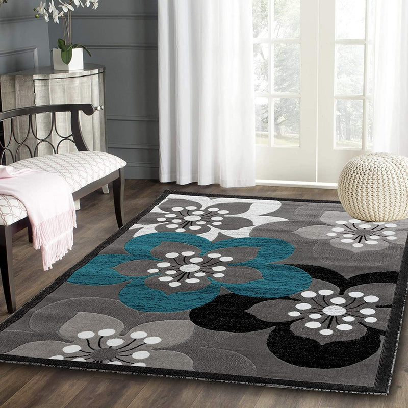 Ruby Turquoise Gray Floral Contemporary Area Rugs