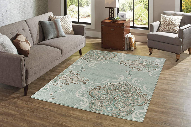 Laura Turquoise Damask Oriental Area Rugs