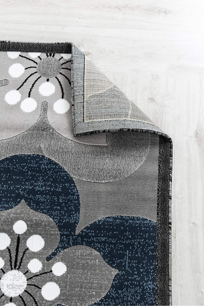 Ruby Navy Blue Gray Floral Contemporary Area Rugs