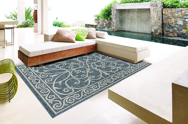 013 Navy Blue Oriental Indoor-Outdoor Area Rug