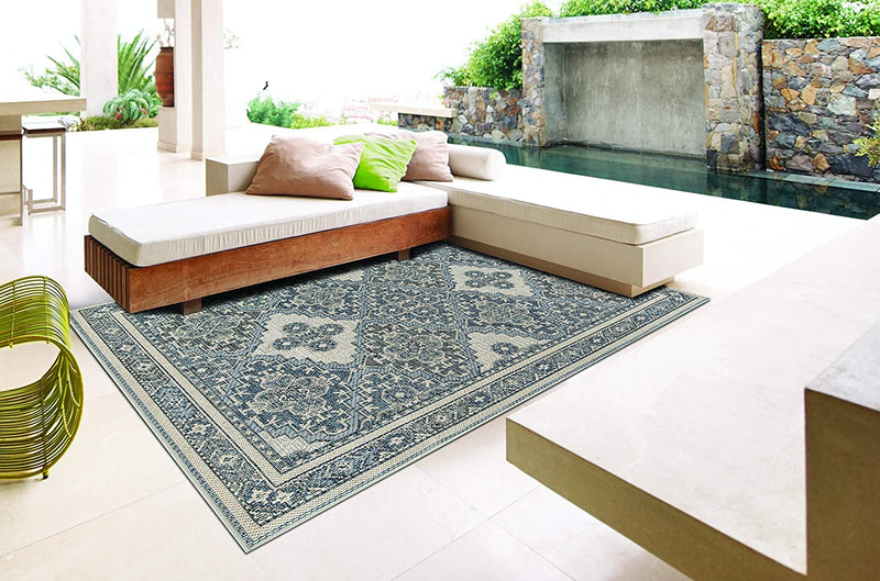 01 Gray Navy Blue Oriental Indoor-Outdoor Area Rug