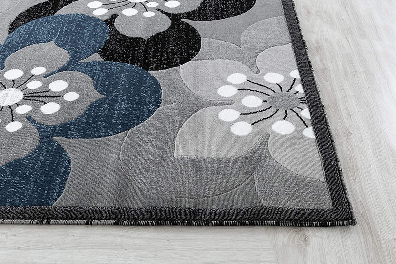 Ruby Navy Blue Gray Floral Contemporary Area Rugs