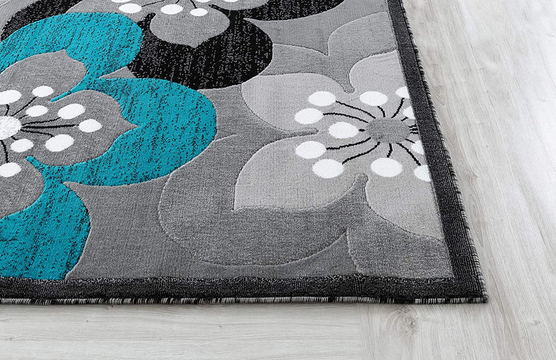 Ruby Turquoise Gray Floral Contemporary Area Rugs