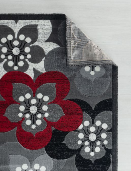 Ruby Red Gray Floral Contemporary Area Rugs