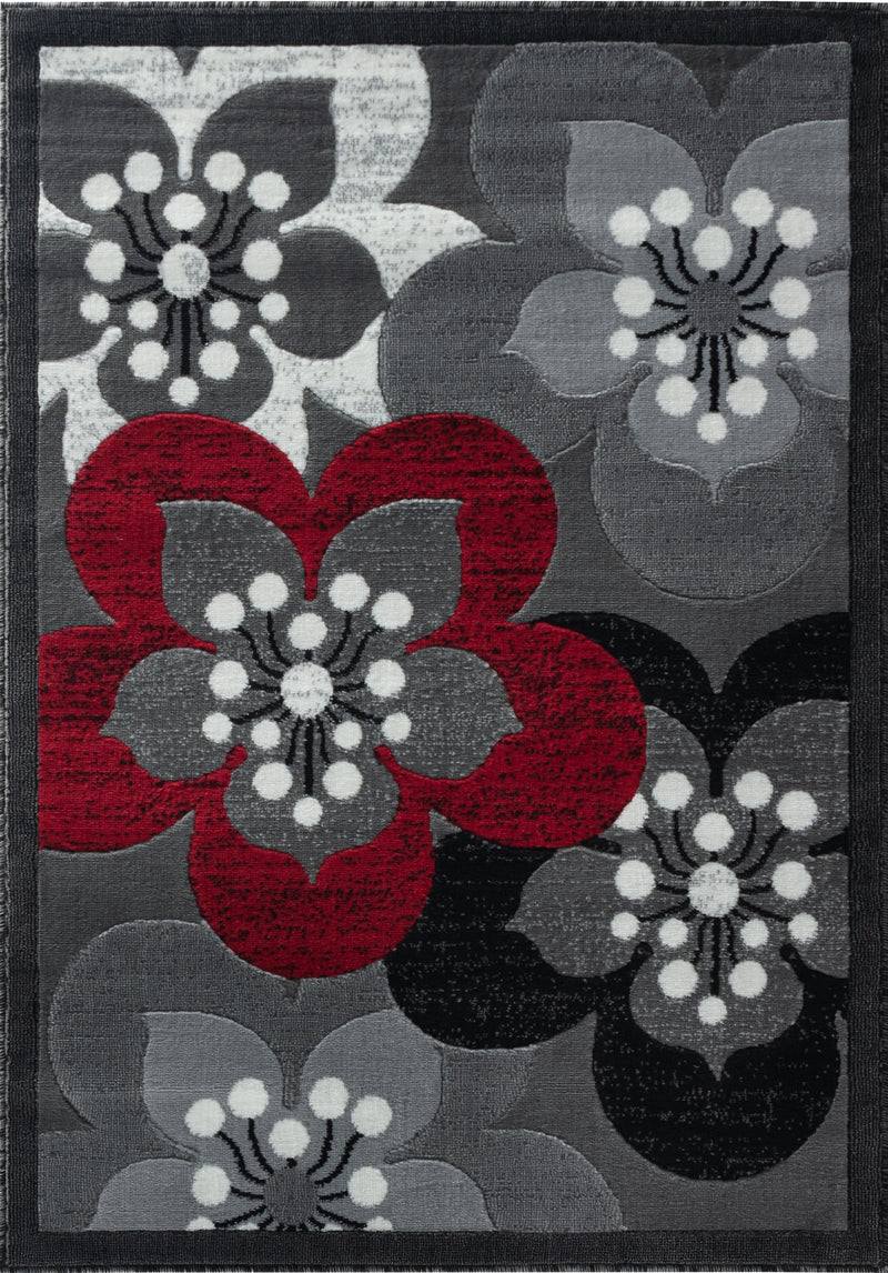 Ruby Red Gray Floral Contemporary Area Rugs