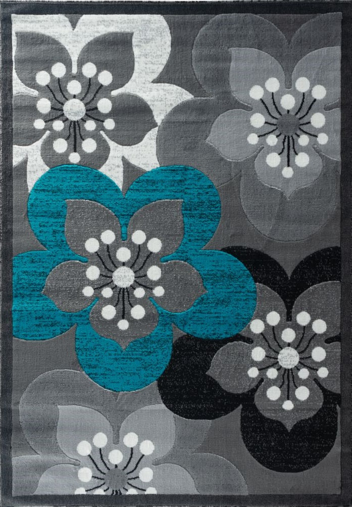 Ruby Turquoise Gray Floral Contemporary Area Rugs