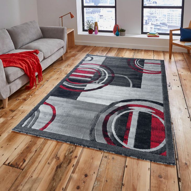 Mia Gray Red Circles Abstract Contemporary Area Rugs