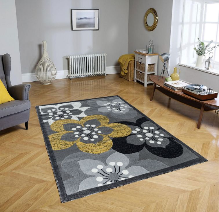 Ruby Yellow Floral Contemporary Area Rugs