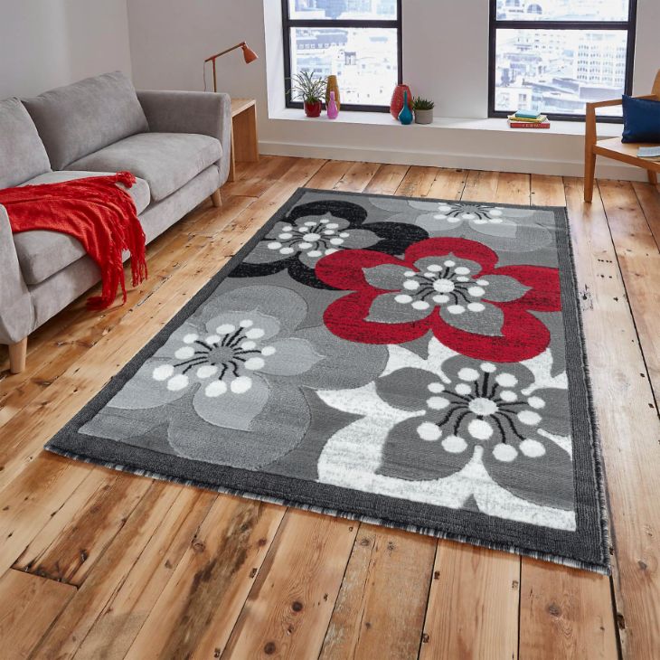 Ruby Red Gray Floral Contemporary Area Rugs